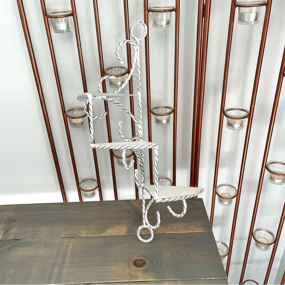 Eclectic Revival Distressed Hand Painted Vtg Hanging Corner Shelf Metal Spiral